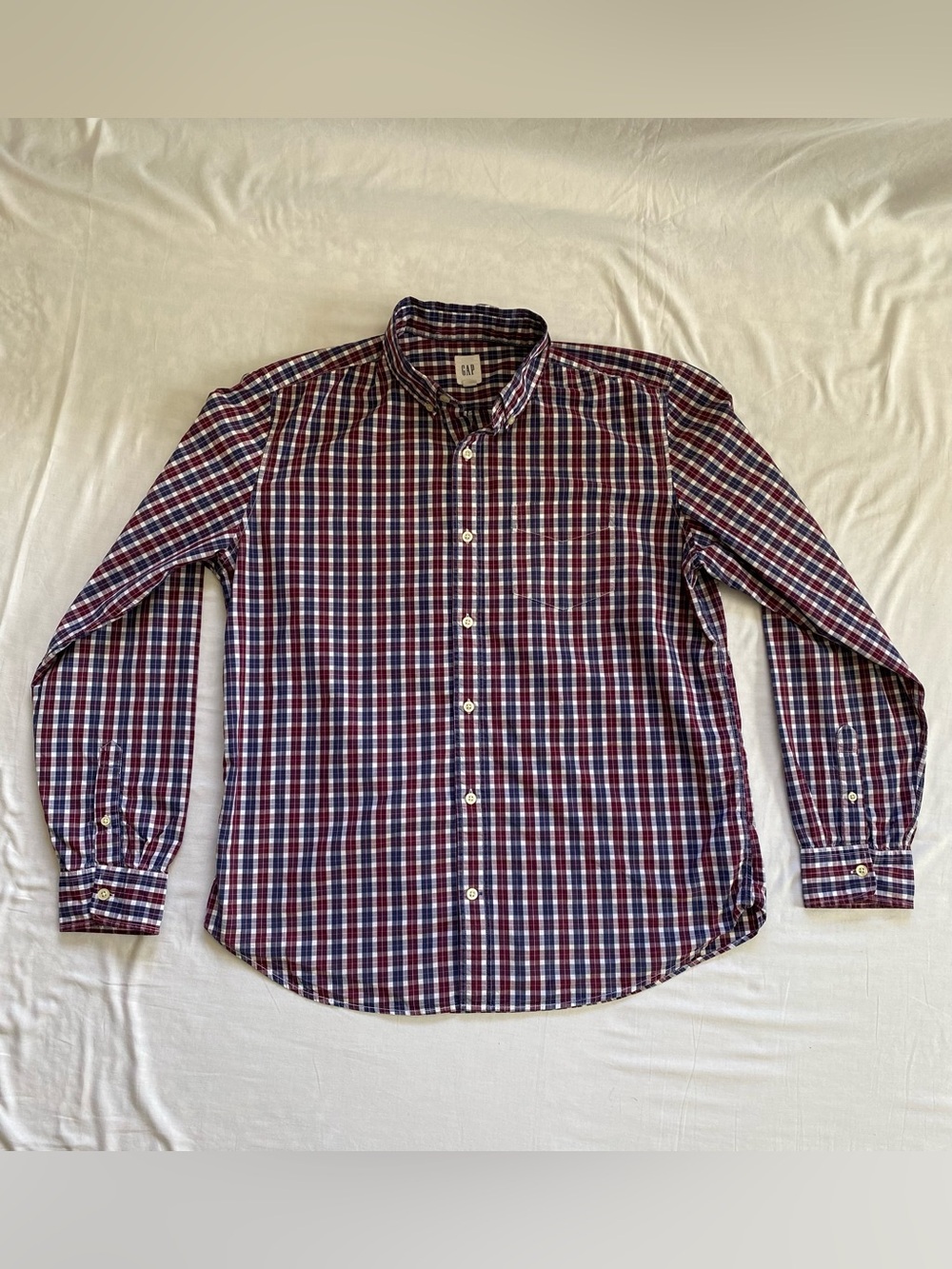 GAP Men's Navy and Red Plaid Button-Down Shirt